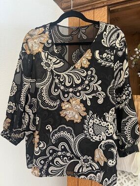 Lafayette 148 New York Black Paisley V-Neck Blouse with Cream & Tan Florals